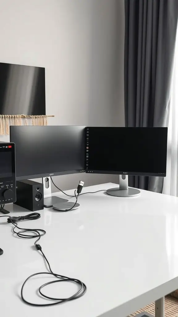 A modern home office setup featuring two monitors on a clean desk with cables neatly arranged.