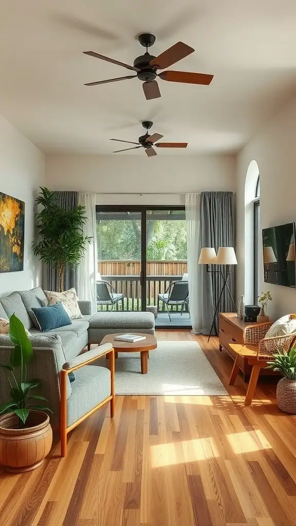 A bright and modern living room featuring bamboo flooring, plants, and comfortable furniture.