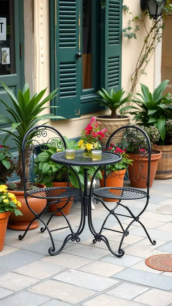 A small black bistro table and two chairs surrounded by potted plants.