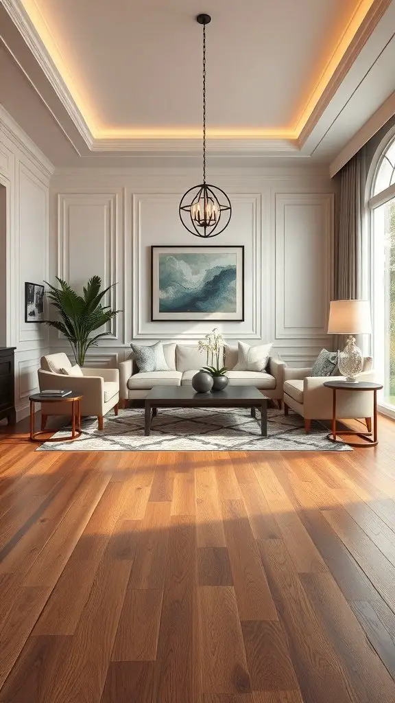 A stylish living room with laminate flooring, featuring a cozy seating area and modern decor.