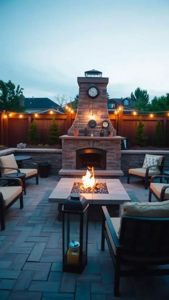 Cozy patio with a fireplace surrounded by seating.