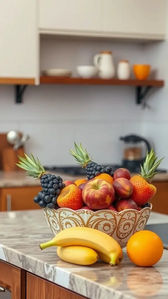 A colorful assortment of fruits in a decorative bowl on a kitchen countertop