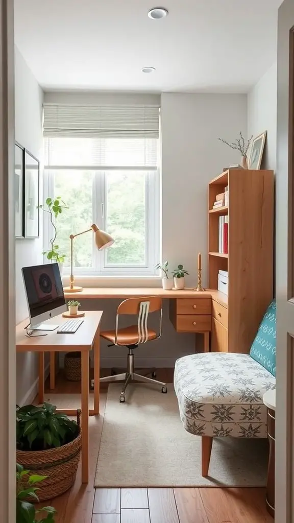 A small, functional home office featuring a wooden desk, shelving, plants, and a computer.
