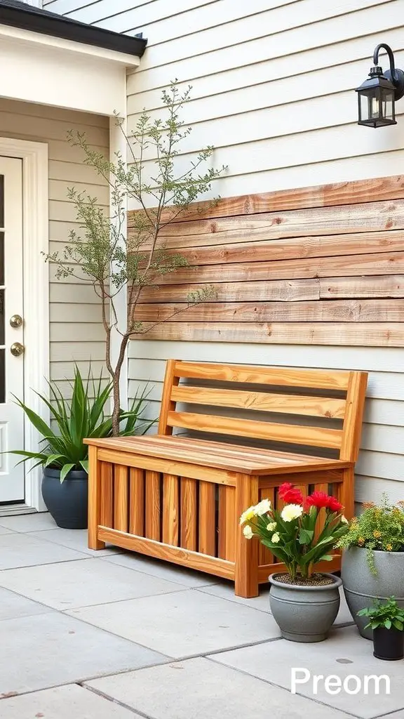 A wooden storage bench on a patio next to potted plants.