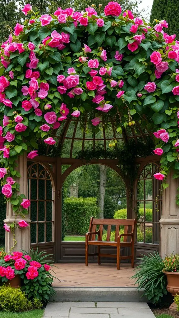 A beautiful garden gazebo adorned with pink climbing roses and greenery.