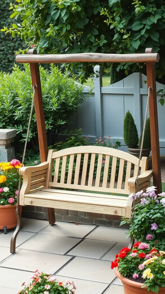 Wooden garden swing surrounded by colorful flowers in a patio setting.