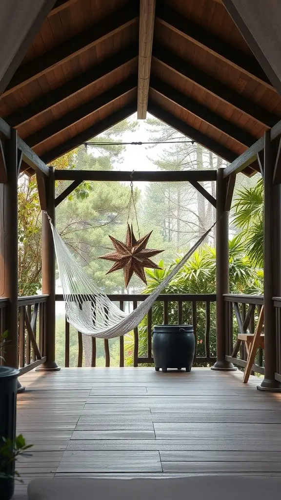Cozy gazebo featuring a hammock and a star-shaped decoration