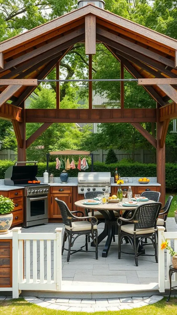 A beautiful outdoor gazebo featuring a kitchen, dining table, and lush greenery.