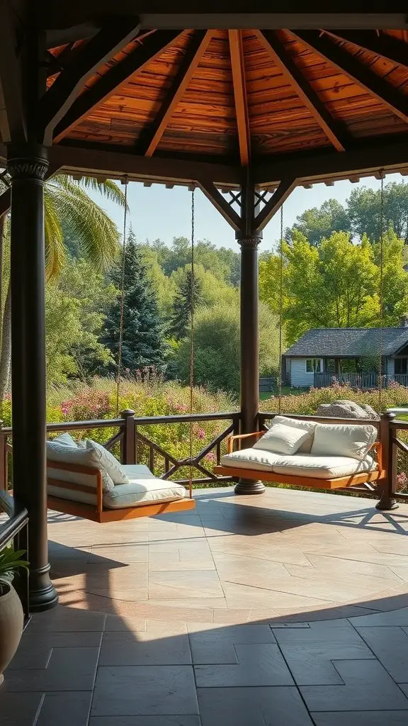A beautiful gazebo featuring swing beds, surrounded by lush greenery.