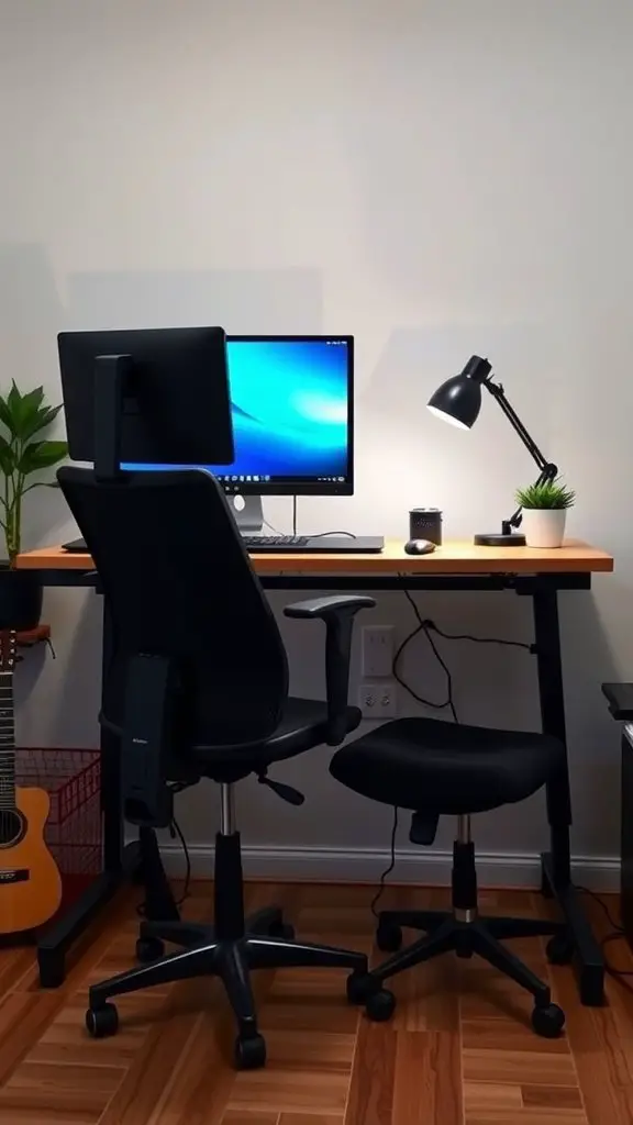 A home office setup with a computer, ergonomic chairs, and plants.