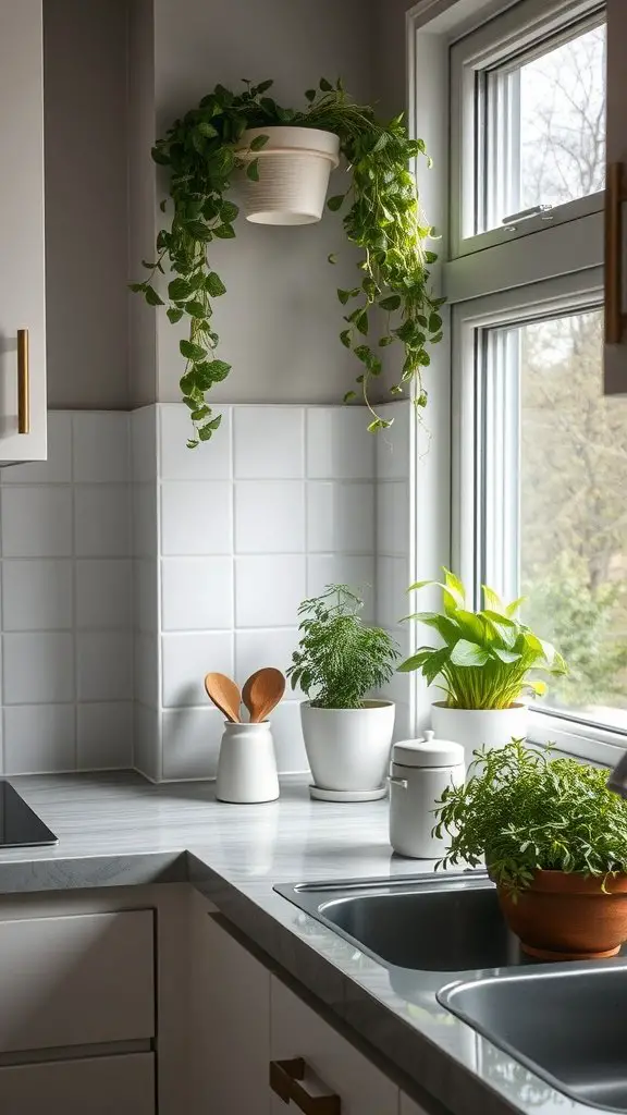 A trendy kitchen with indoor herb plants by the window, showcasing a vibrant and fresh cooking environment.