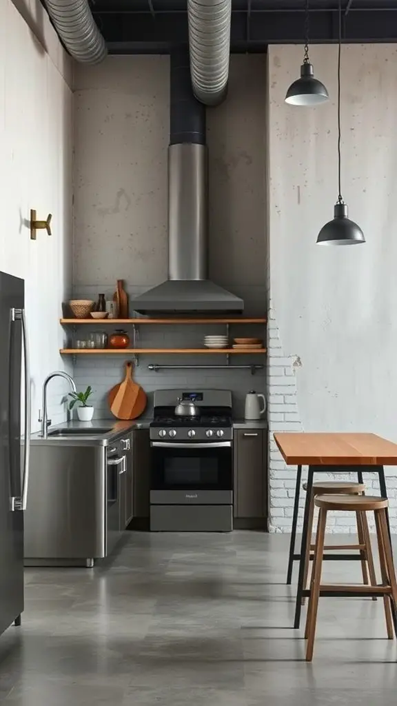 A trendy kitchen featuring industrial design elements like metal accents and exposed ductwork.