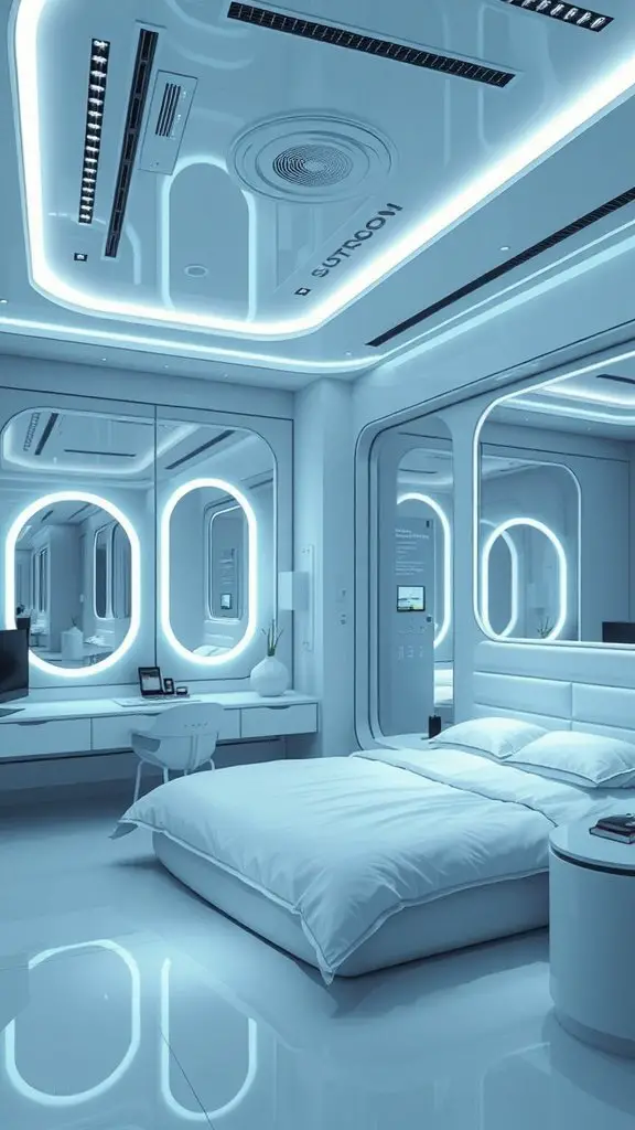 A modern bedroom featuring integrated smart technology with stylish design.