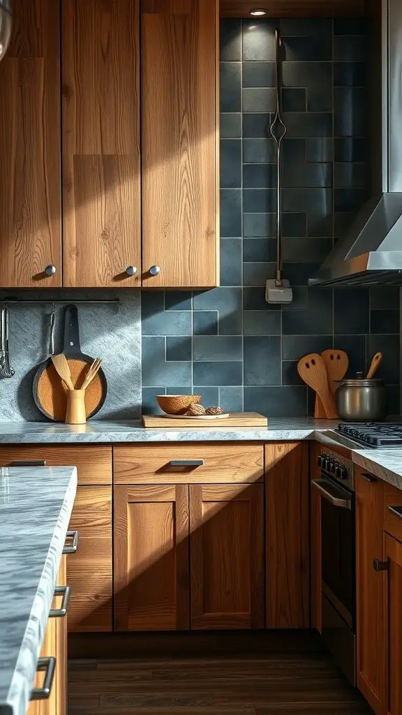 A kitchen featuring a combination of wooden cabinets and blue tile, showcasing layered textures.