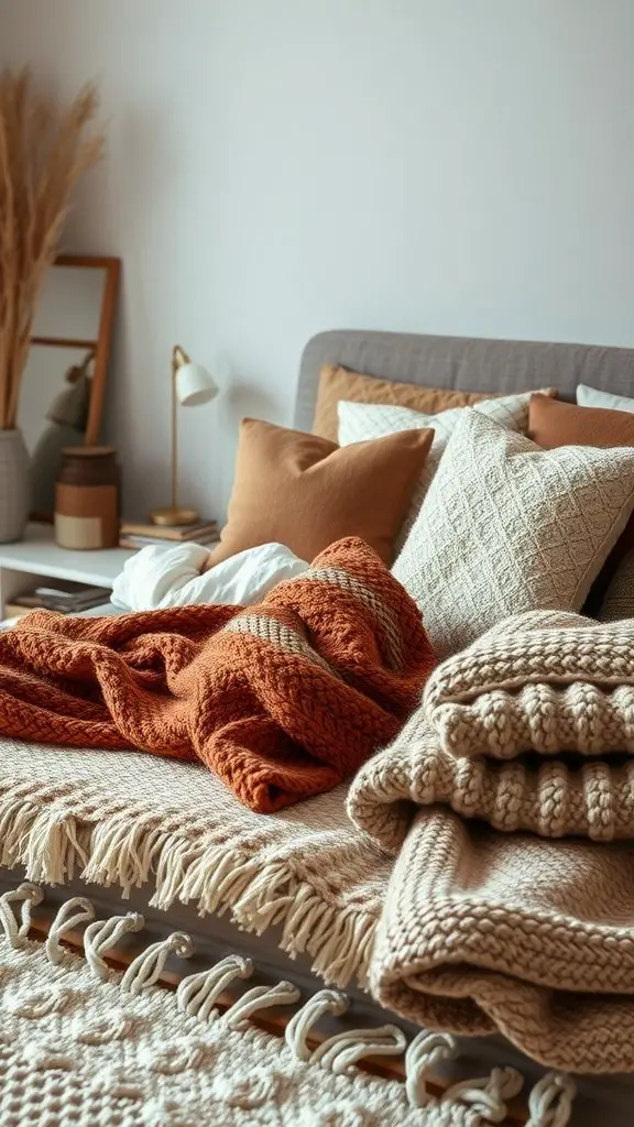 A cozy bedroom with layered blankets and pillows on a bed.