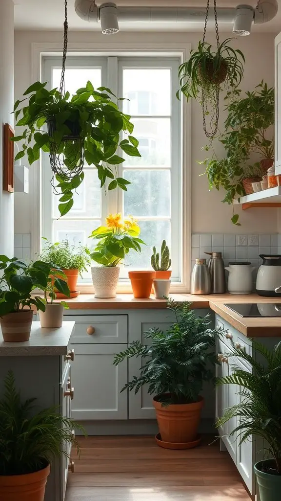 A bright kitchen filled with various plants and a sunny window.
