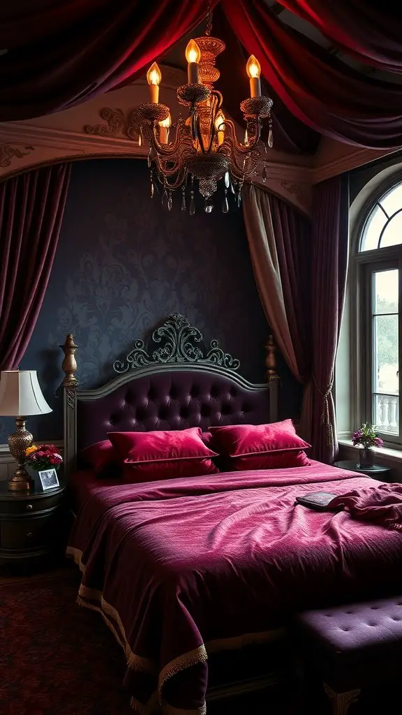 A luxurious bedroom featuring a rich red color scheme with elegant fabrics and a chandelier.