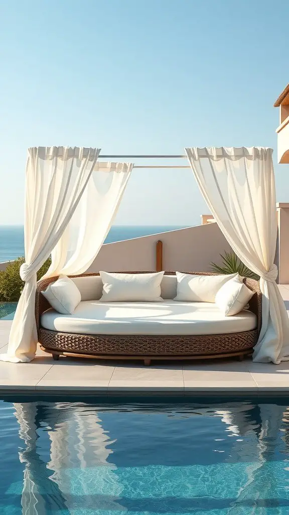 A luxurious daybed with soft cushions and drapes by a pool.