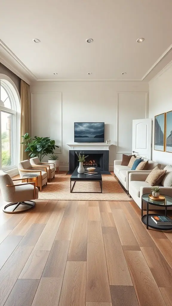 A modern living room featuring luxury vinyl plank flooring, a comfortable sofa, and a stylish coffee table.