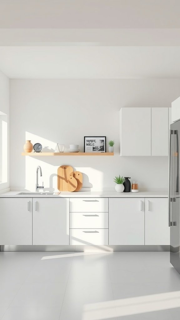 A minimalist kitchen with white cabinets, a simple countertop, and decorative items on a shelf.