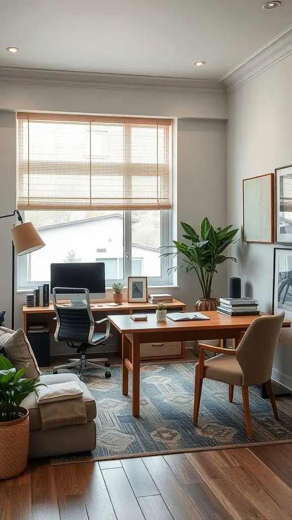 A modern home office with a wooden desk, comfortable chair, and plants.
