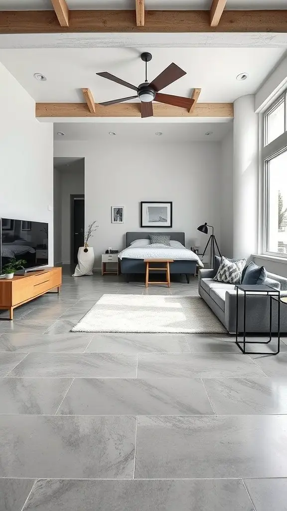 A modern living room featuring sleek concrete floors, a gray sofa, and vibrant orange accents.