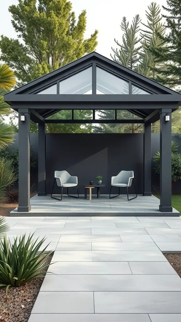 A modern minimalist gazebo with a sleek design, featuring glass elements and simple seating.