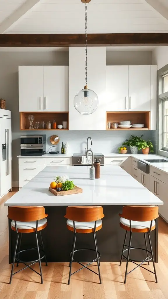 A modern kitchen featuring a large island with seating, natural light, and stylish decor.