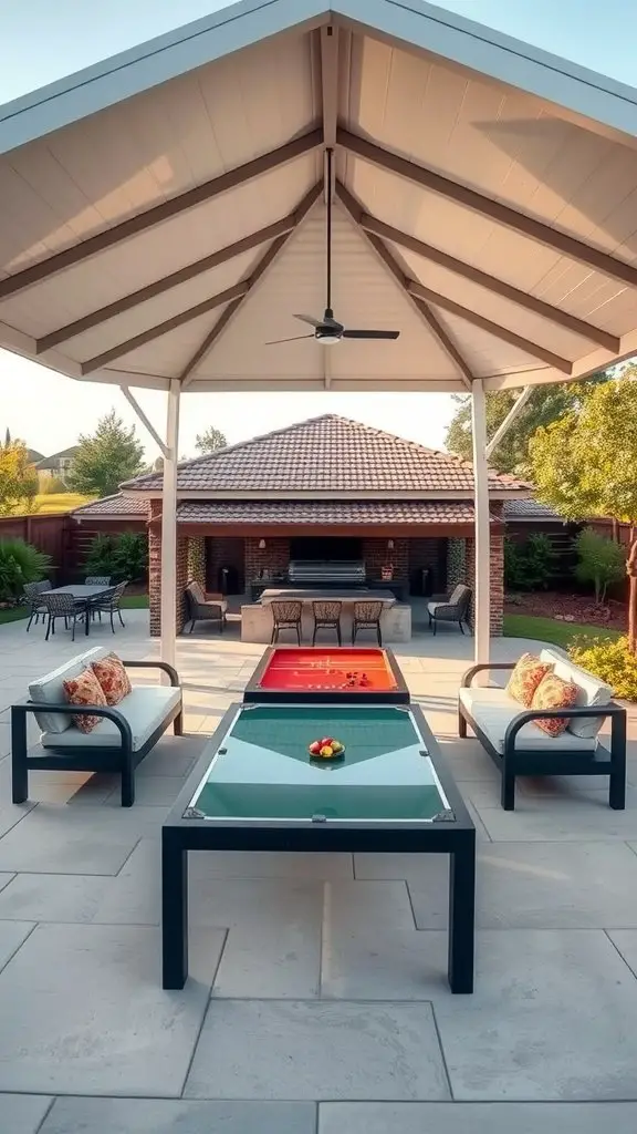 An outdoor gazebo with seating and a game table.