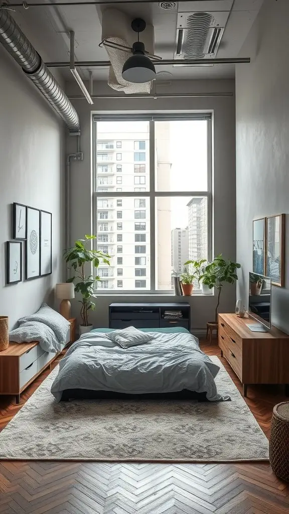 A modern bedroom with a double bed, wooden furniture, and plants, featuring large windows for natural light.