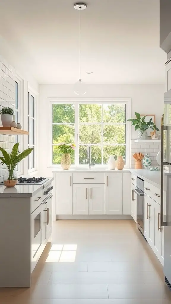 A bright kitchen with large windows showcasing natural light, white cabinets, and plants.