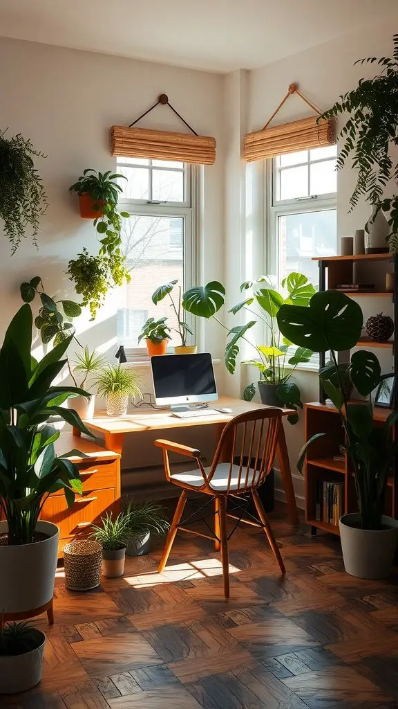 A bright home office filled with plants, featuring a desk by the window.