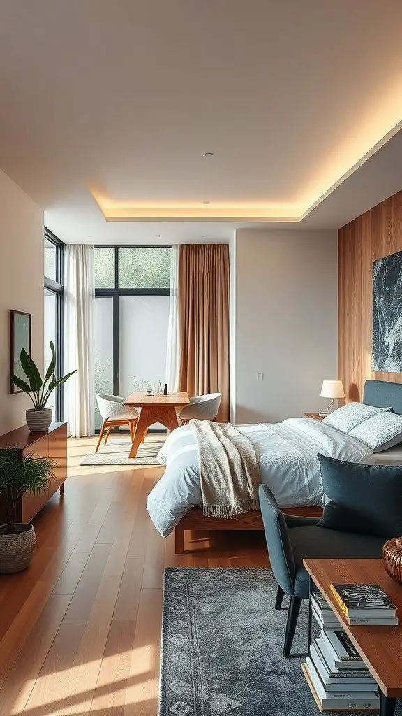 Modern bedroom with open floor plan featuring a bed, seating area, and workspace.