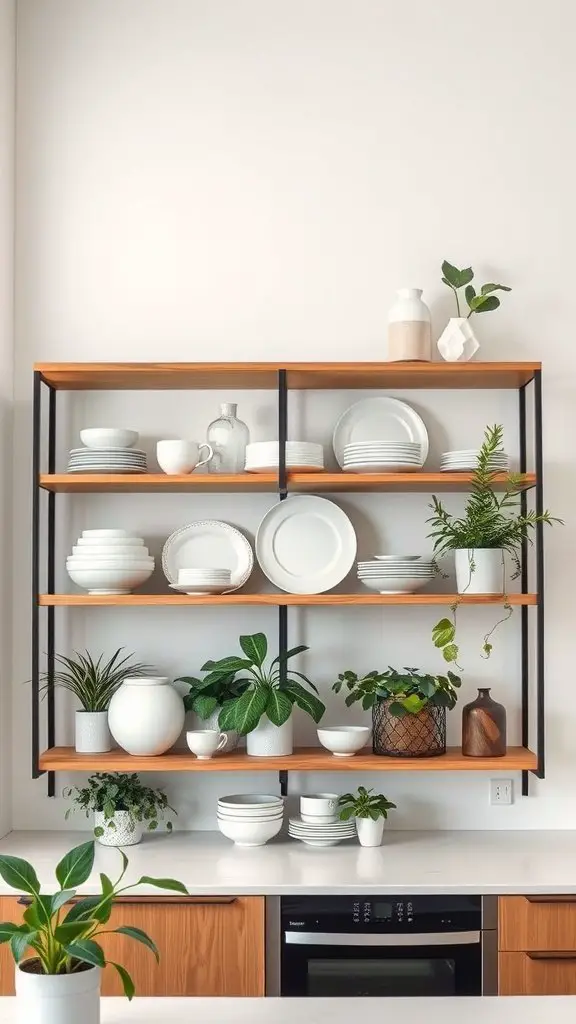 A stylish kitchen with open wooden shelving displaying plates and plants.