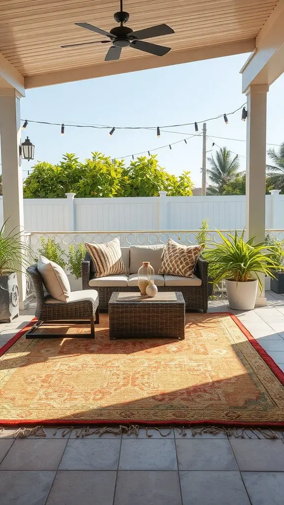 A cozy patio area with a stylish outdoor rug, comfortable seating, and greenery.