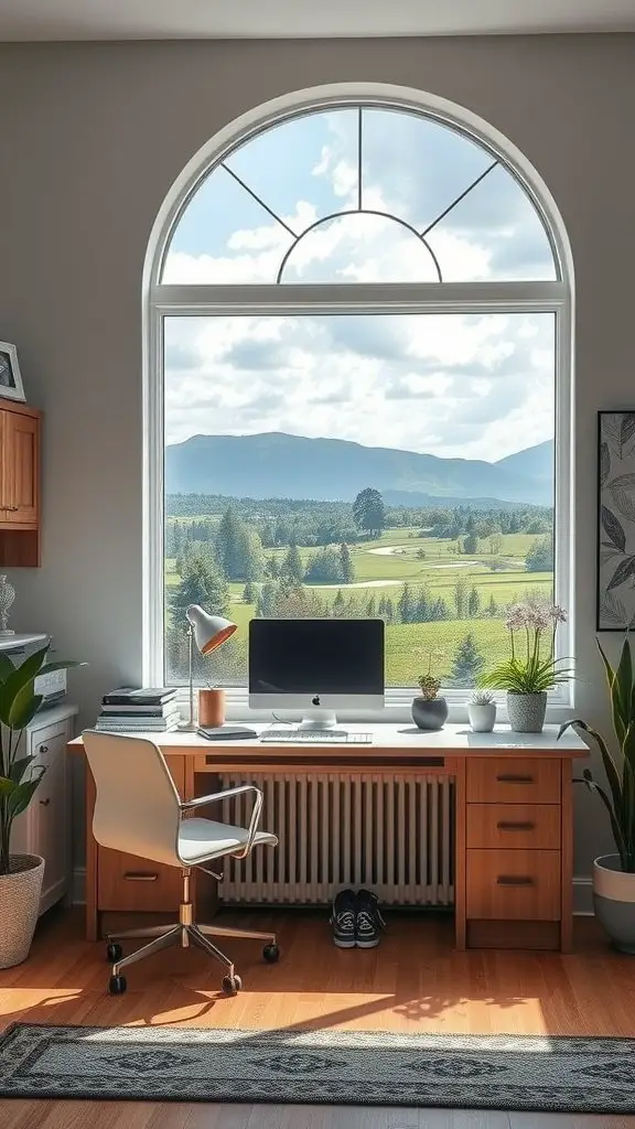 A bright home office with a large window showcasing a beautiful outdoor landscape.
