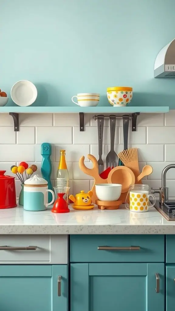 A vibrant kitchen countertop featuring colorful mugs, playful utensils, and cheerful bowls.