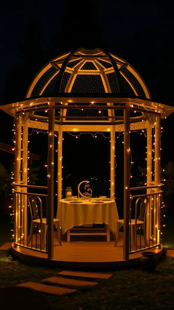A beautifully lit gazebo with a table set for an evening gathering, surrounded by greenery.