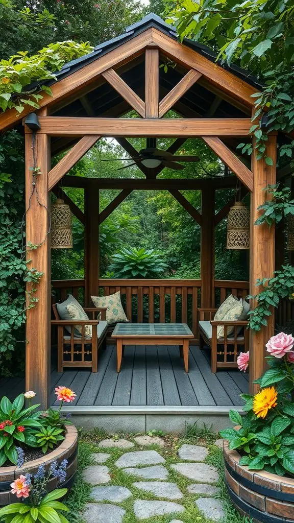 A rustic wooden gazebo with comfortable seating and surrounded by vibrant flowers.