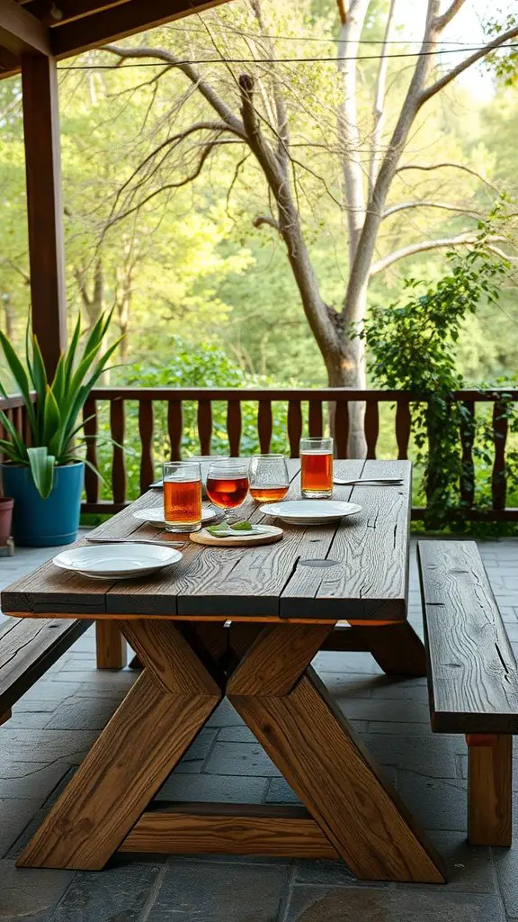 Rustic wooden picnic table set up with drinks and plates in a natural outdoor setting.