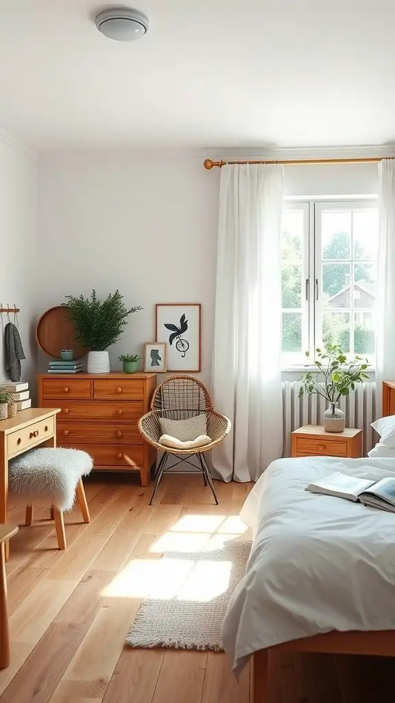 Scandinavian inspired bright bedroom with wooden furniture and plants.