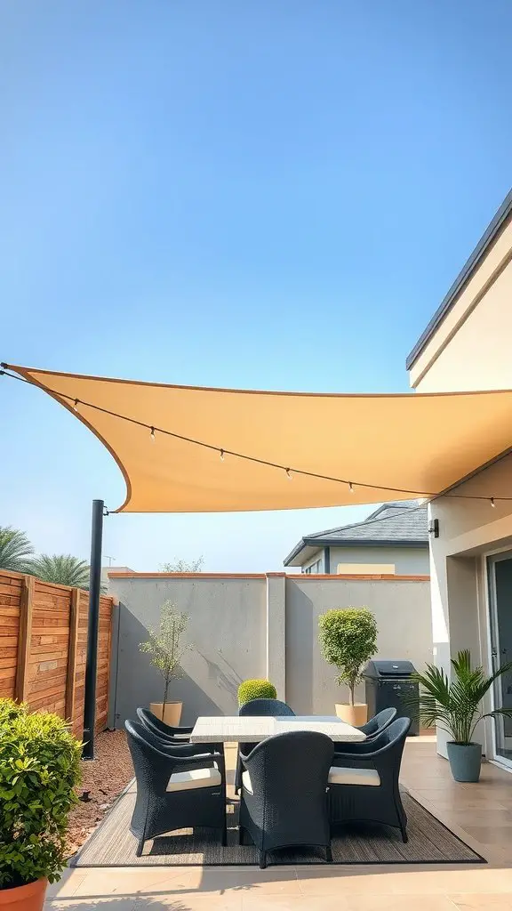 Patio with a modern shade sail overhead and stylish outdoor furniture.