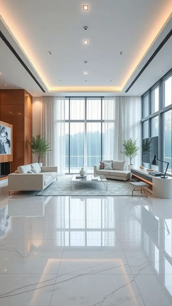 Modern living room with sleek epoxy flooring, large windows, and stylish furniture.
