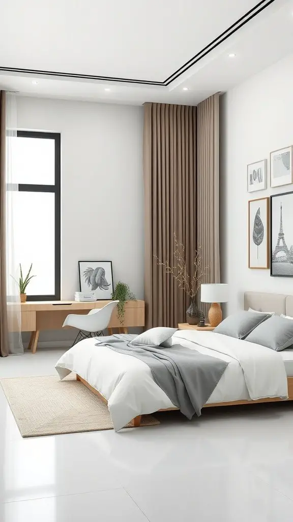 A modern bedroom featuring a neutral color scheme with minimalistic furniture and decor.