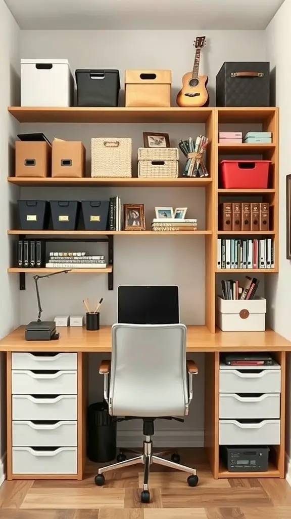 A well-organized home office with shelves, storage boxes, and a comfortable chair.