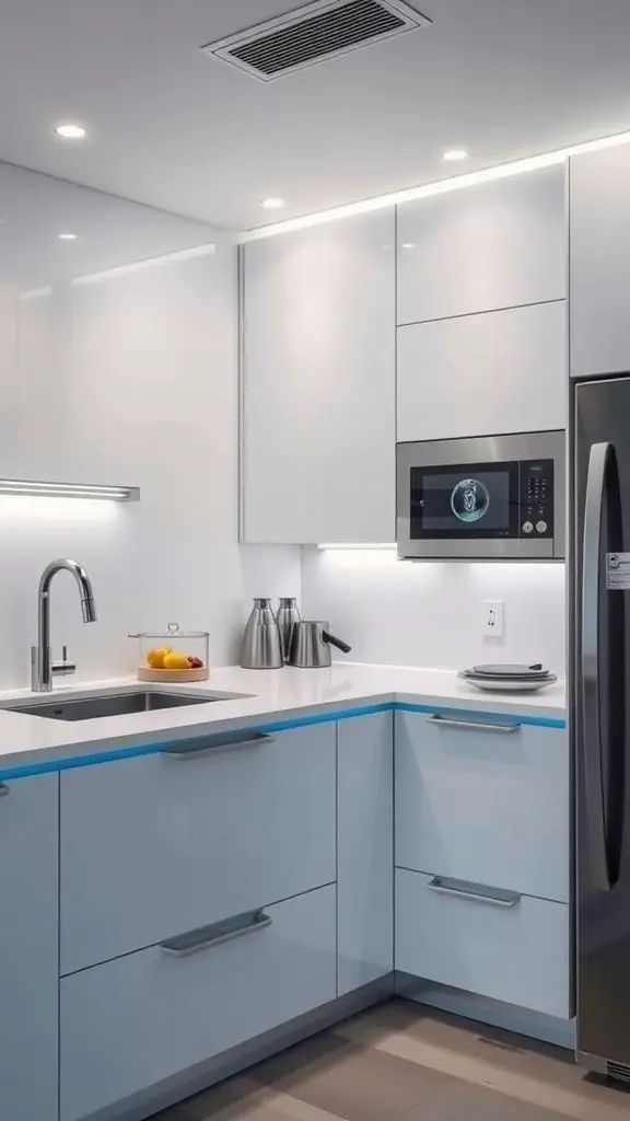 A modern kitchen featuring sleek cabinets, smart appliances, and stylish design.
