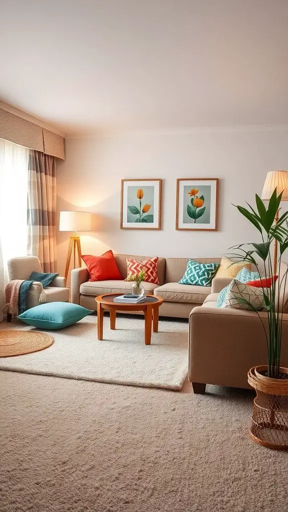 Cozy living room with soft carpet flooring, colorful cushions, and warm lighting.