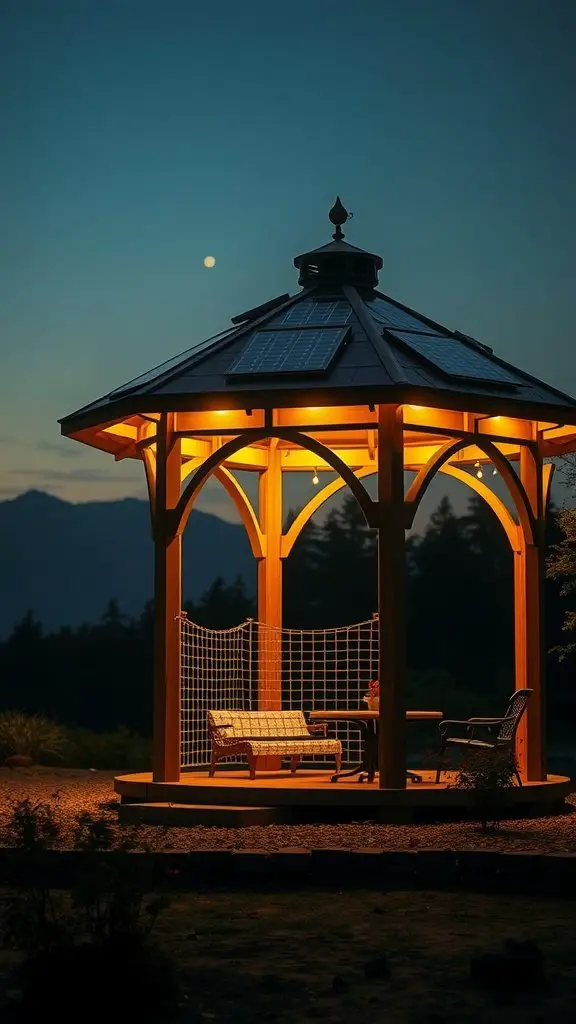 A solar-powered gazebo featuring LED lighting, set against a sunset backdrop.