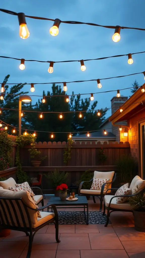 A cozy patio with solar-powered string lights hanging above, featuring comfortable seating and decorative plants.