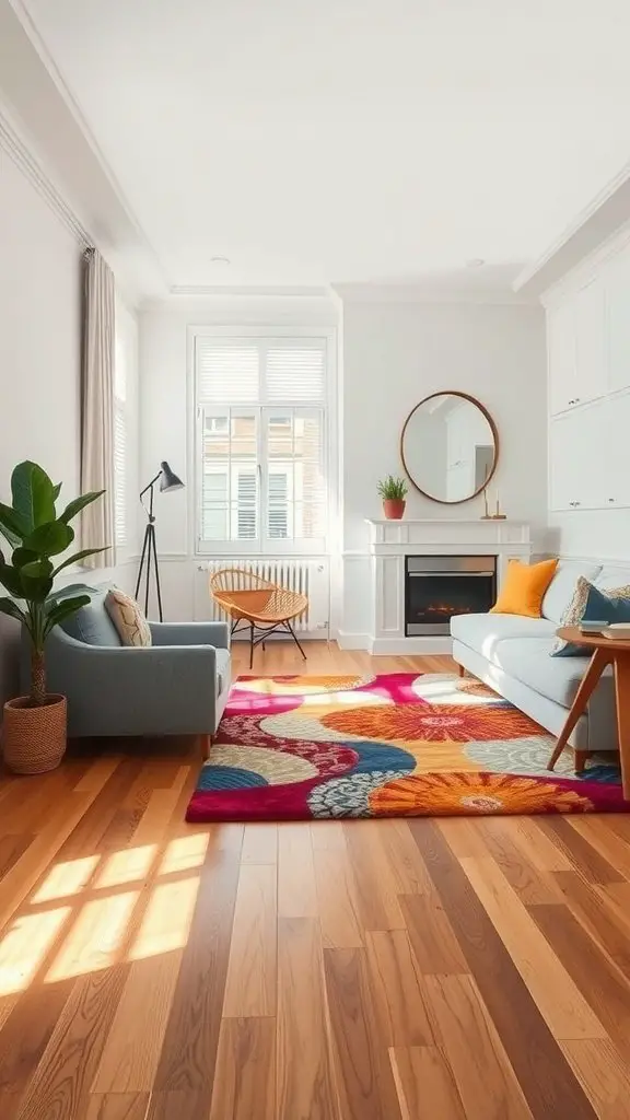 A cozy living room featuring a vibrant area rug on wooden flooring.